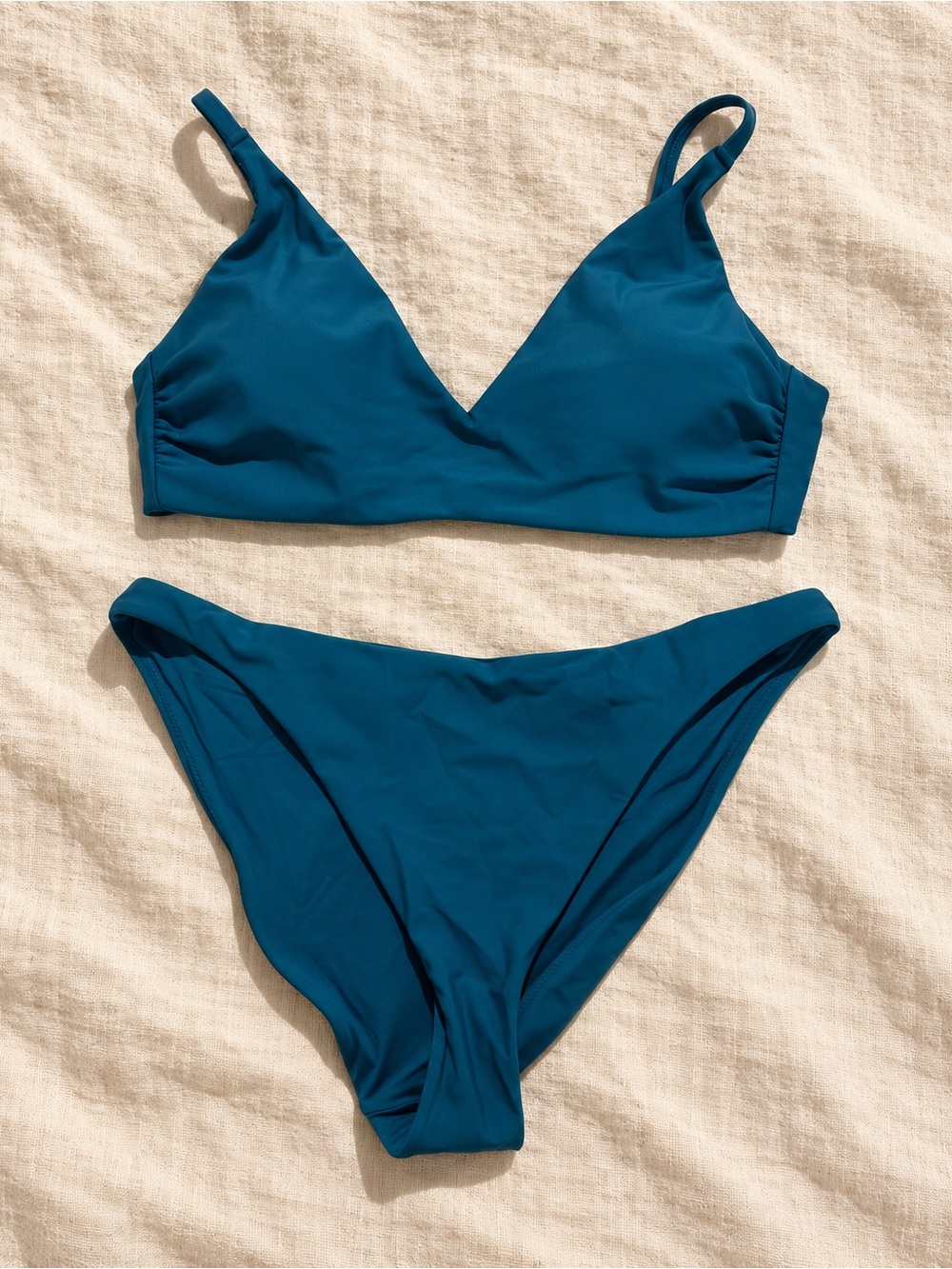 Quince Two Piece Bikini V Neck Top and Low Rise Bikini Bottoms Teal Minimalist S